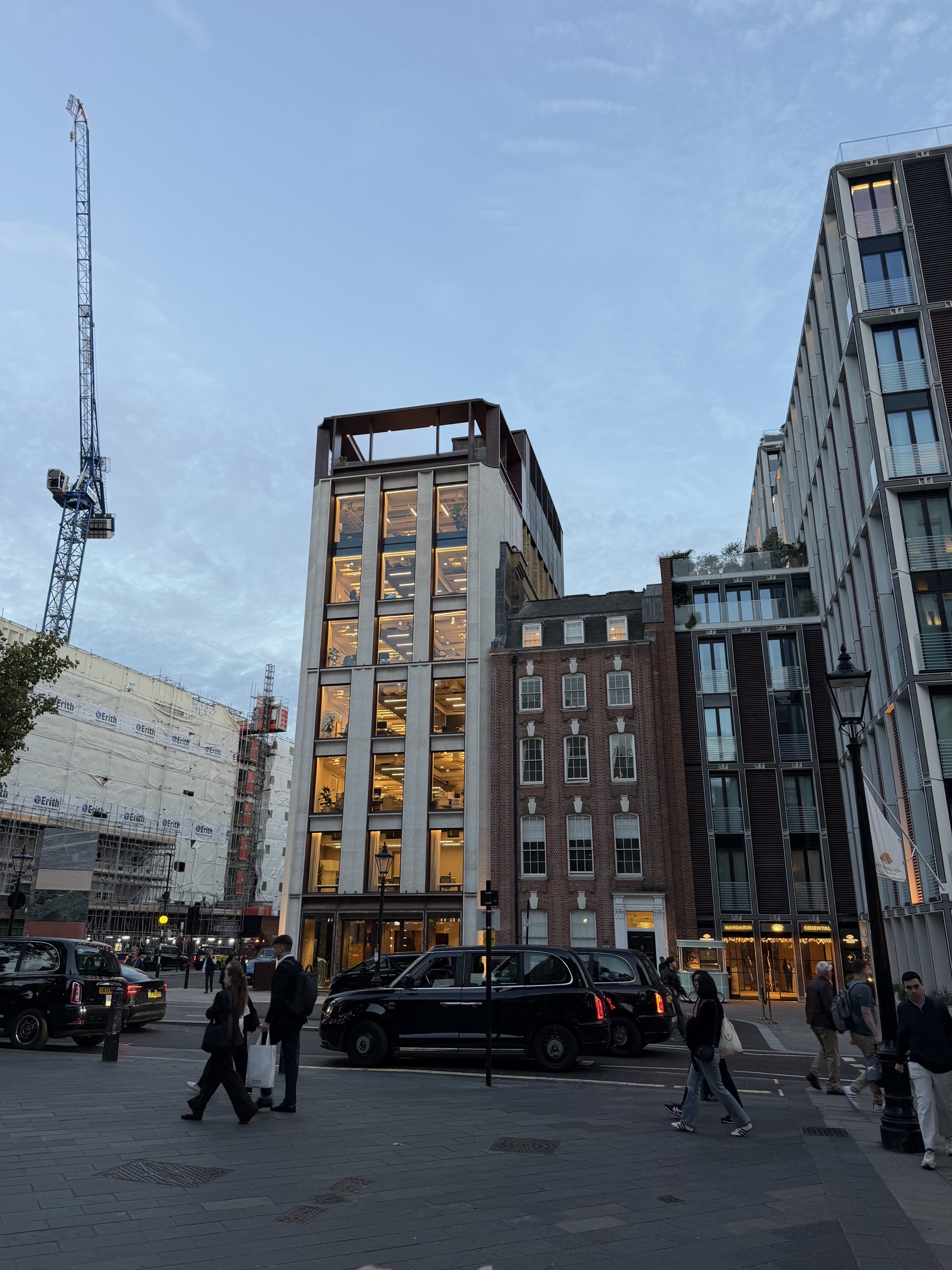 Central London offices and city street at dusk